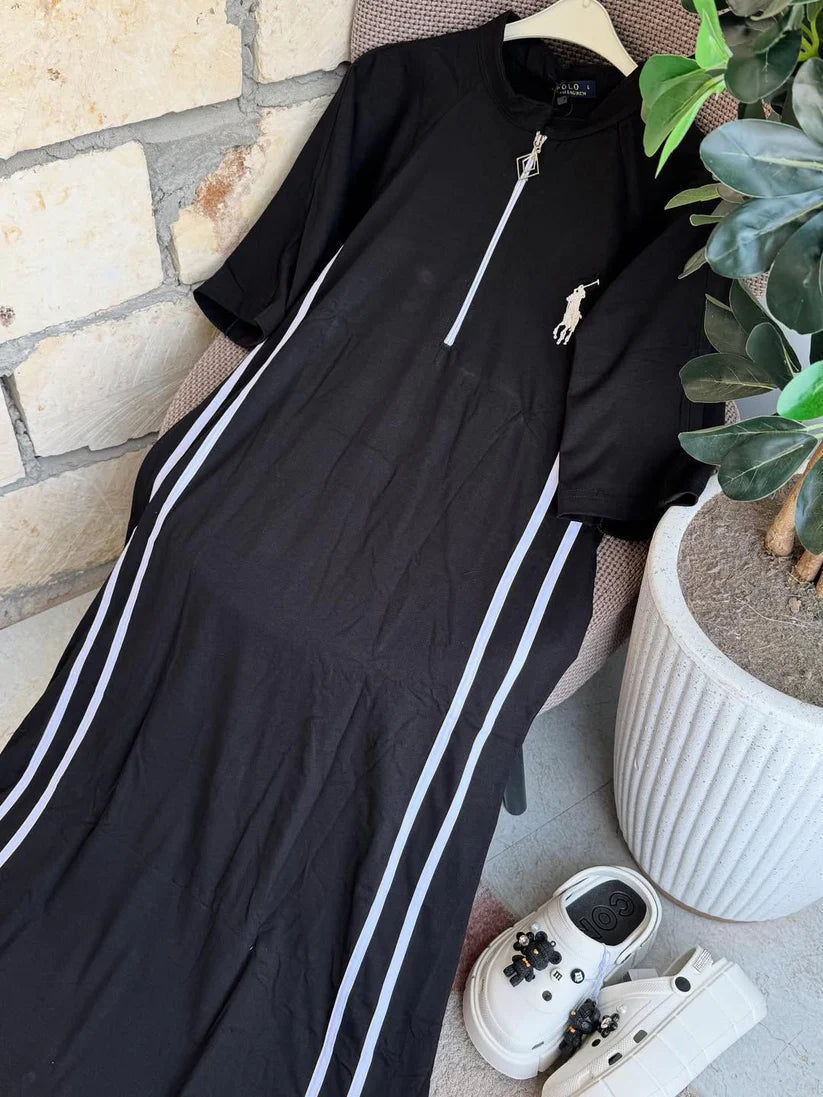 women casual midi dress sporty style front zip outfit side stripe design comfortable everyday wear modest fashion with sneakers 05