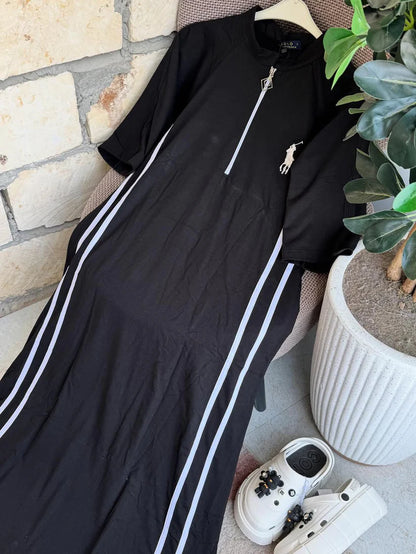 women casual midi dress sporty style front zip outfit side stripe design comfortable everyday wear modest fashion with sneakers 05