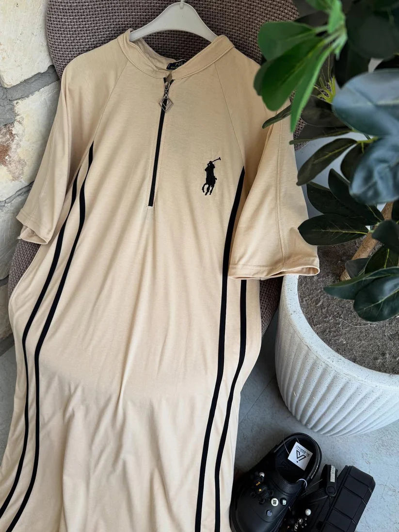 women casual midi dress sporty style front zip outfit side stripe design comfortable everyday wear modest fashion with sneakers 06