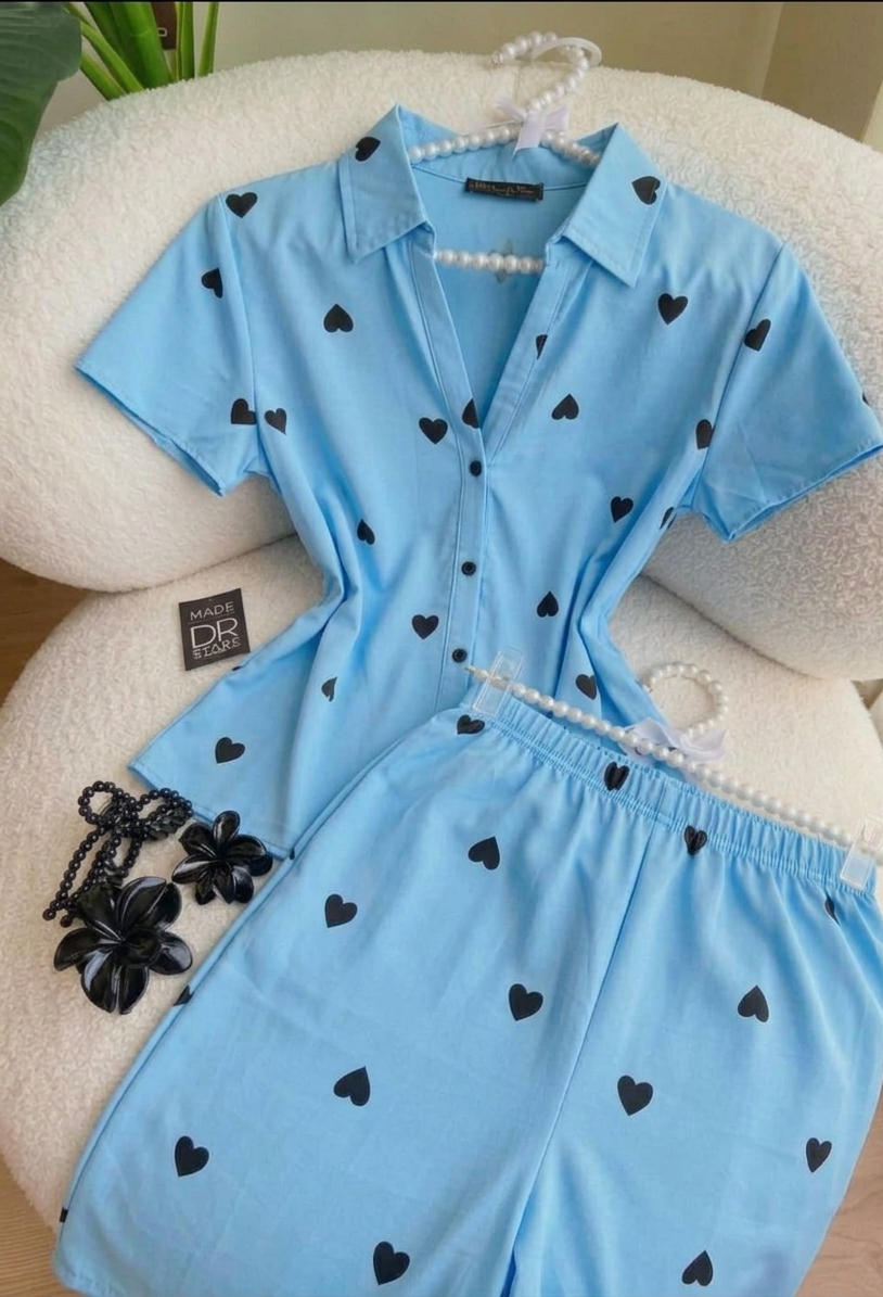 women co ord set heart print casual summer outfit short sleeve button shirt elastic waist shorts matching set cute trendy loungewear 01