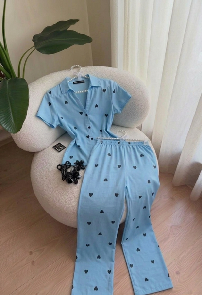 women co ord set heart print casual summer outfit short sleeve button shirt elastic waist shorts matching set cute trendy loungewear 02