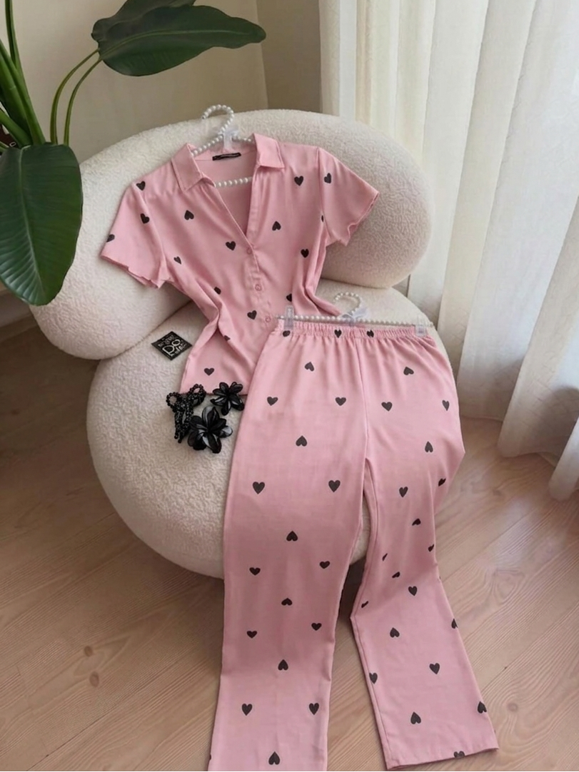 women co ord set heart print casual summer outfit short sleeve button shirt elastic waist shorts matching set cute trendy loungewear 03