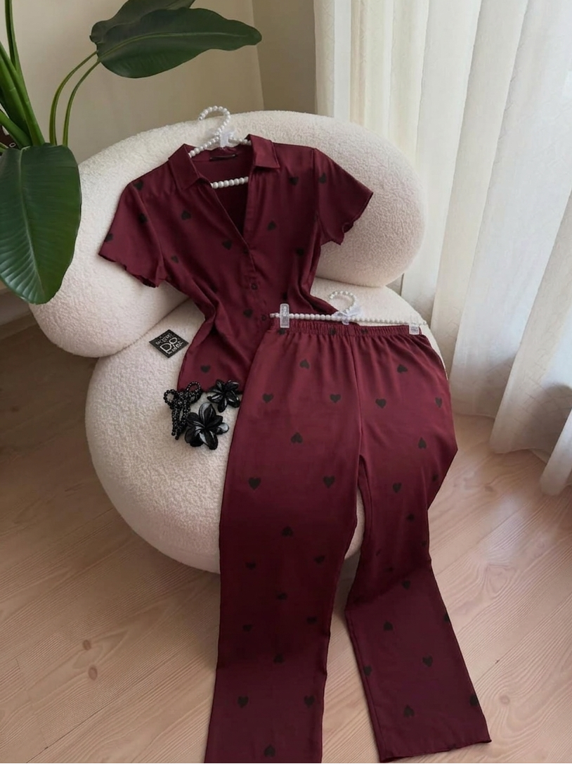 women co ord set heart print casual summer outfit short sleeve button shirt elastic waist shorts matching set cute trendy loungewear 04