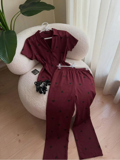 women co ord set heart print casual summer outfit short sleeve button shirt elastic waist shorts matching set cute trendy loungewear 04