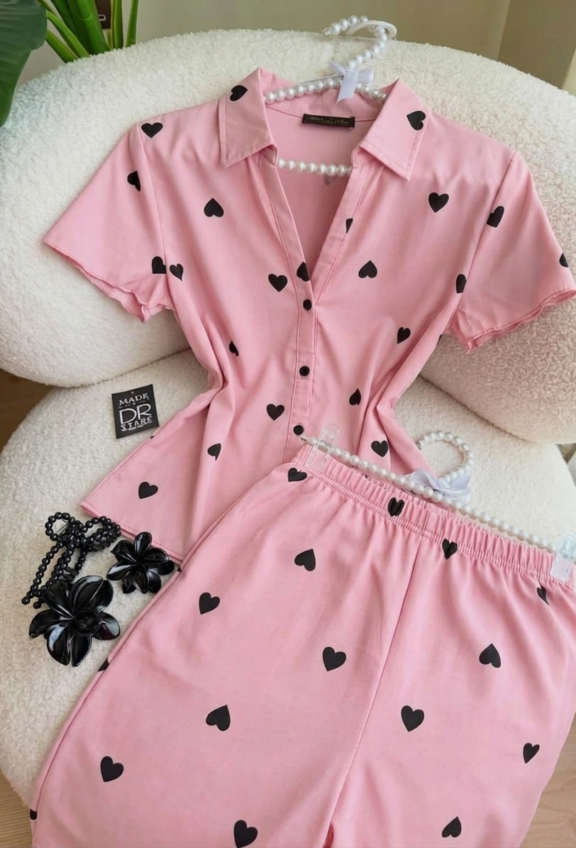 women co ord set heart print casual summer outfit short sleeve button shirt elastic waist shorts matching set cute trendy loungewear 05