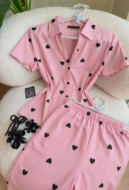 women co ord set heart print casual summer outfit short sleeve button shirt elastic waist shorts matching set cute trendy loungewear 05