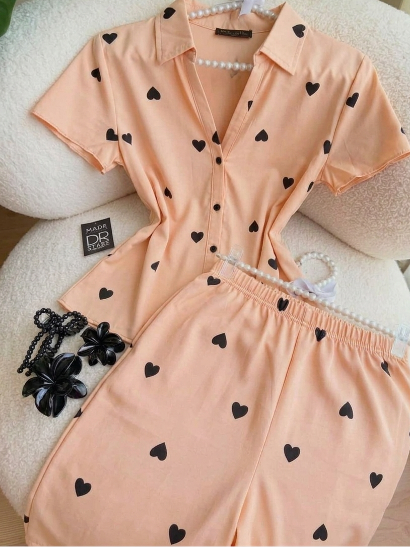 women co ord set heart print casual summer outfit short sleeve button shirt elastic waist shorts matching set cute trendy loungewear 06