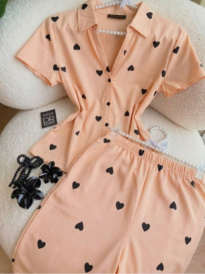 women co ord set heart print casual summer outfit short sleeve button shirt elastic waist shorts matching set cute trendy loungewear 06