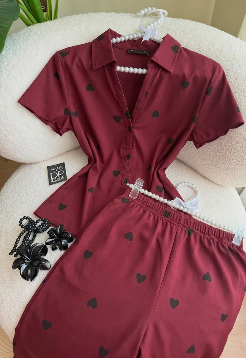 women co ord set heart print casual summer outfit short sleeve button shirt elastic waist shorts matching set cute trendy loungewear 07