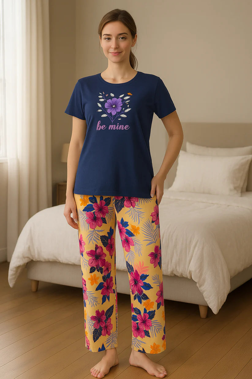 women printed night suit cotton pajama set short sleeve t shirt floral pants comfortable sleepwear soft breathable loungewear home outfit 02