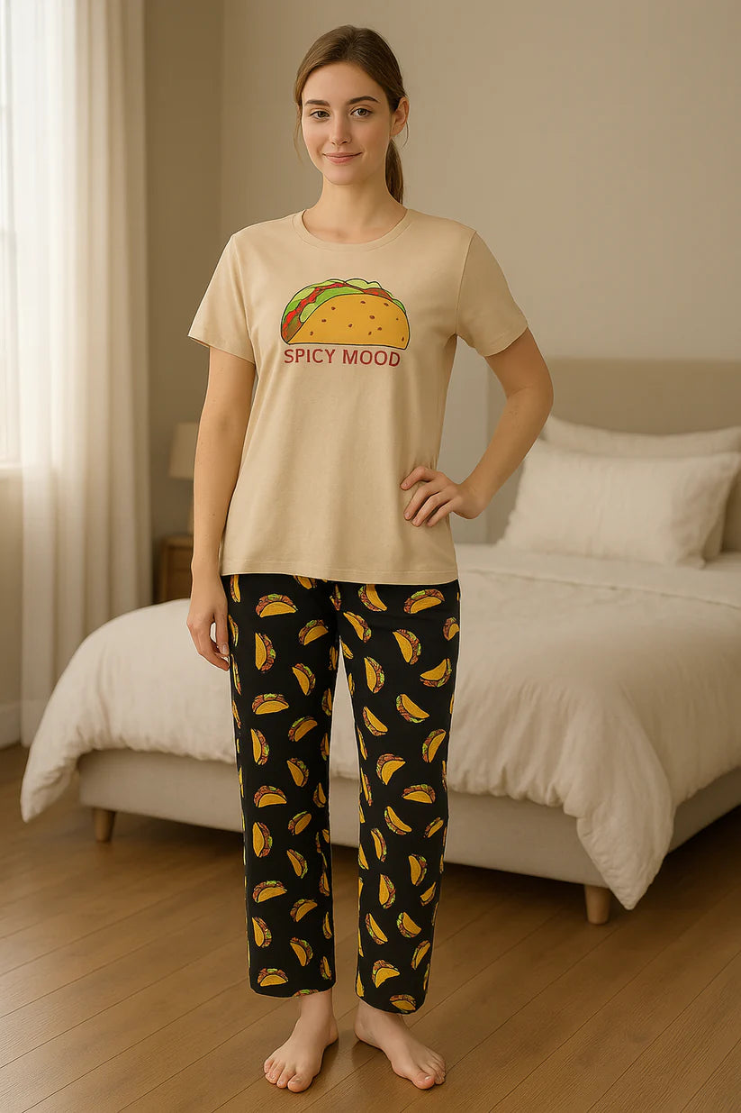 women printed night suit cotton pajama set short sleeve t shirt floral pants comfortable sleepwear soft breathable loungewear home outfit 03