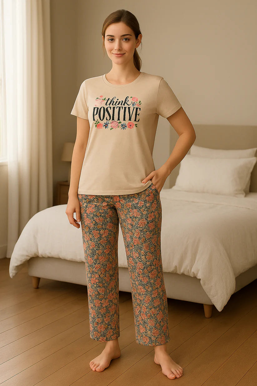 women printed night suit cotton pajama set short sleeve t shirt floral pants comfortable sleepwear soft breathable loungewear home outfit 04