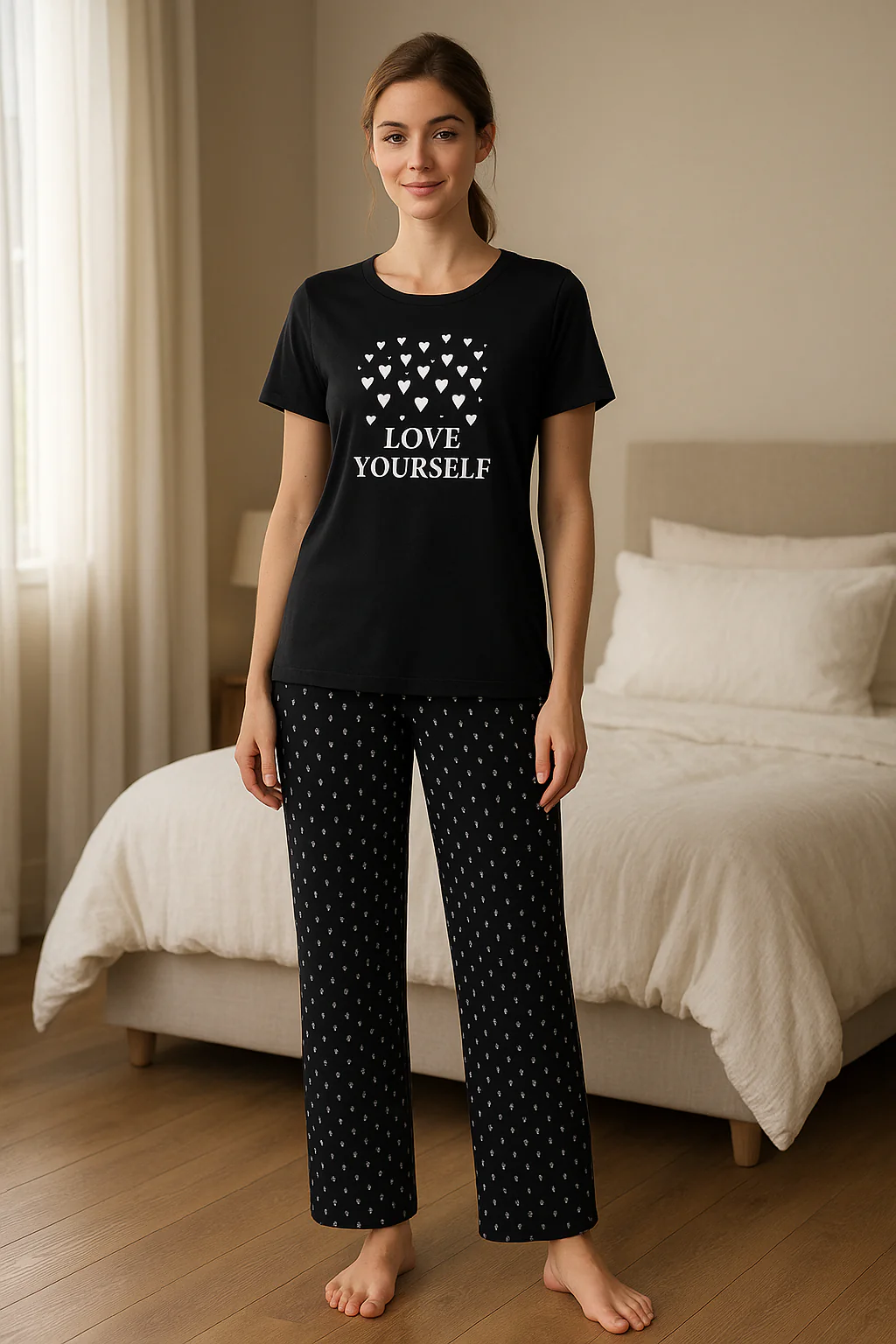 women printed night suit cotton pajama set short sleeve t shirt floral pants comfortable sleepwear soft breathable loungewear home outfit 05
