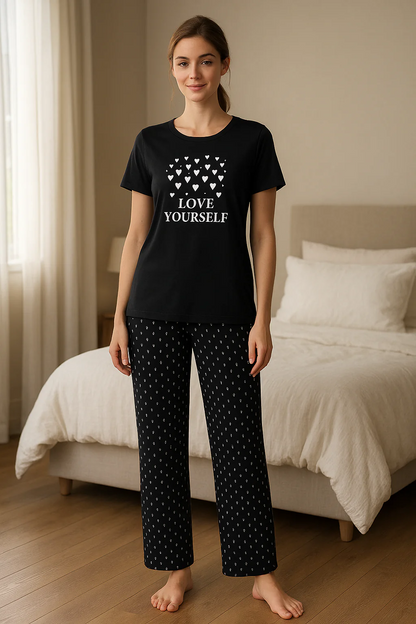 women printed night suit cotton pajama set short sleeve t shirt floral pants comfortable sleepwear soft breathable loungewear home outfit 05