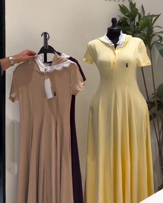 women’s lace collar midi dresses with short sleeves, soft fabric, and elegant casual wear design 01