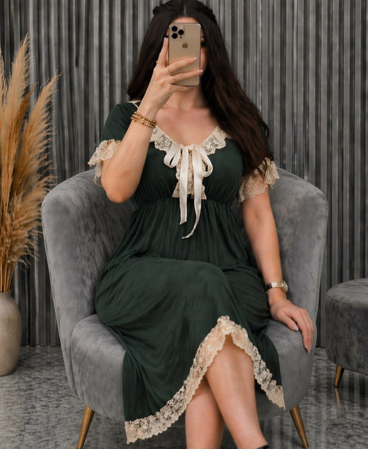 women’s lace trim midi dress with short sleeves, bow detail neckline, soft flowy fabric, elegant casual wear style 01