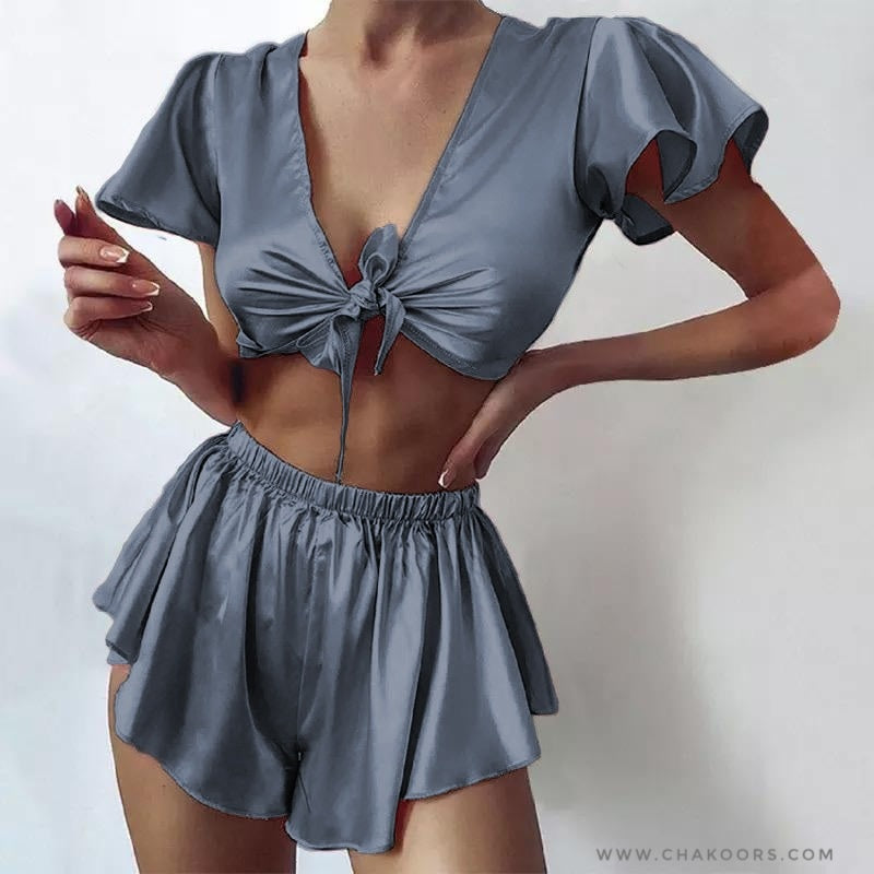 Chakoor silk imitation front knot shirt with elastic boxer sleepwear set CHK # p39