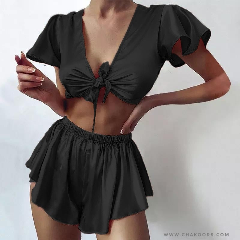 Chakoor silk imitation front knot shirt with elastic boxer sleepwear set CHK # p39