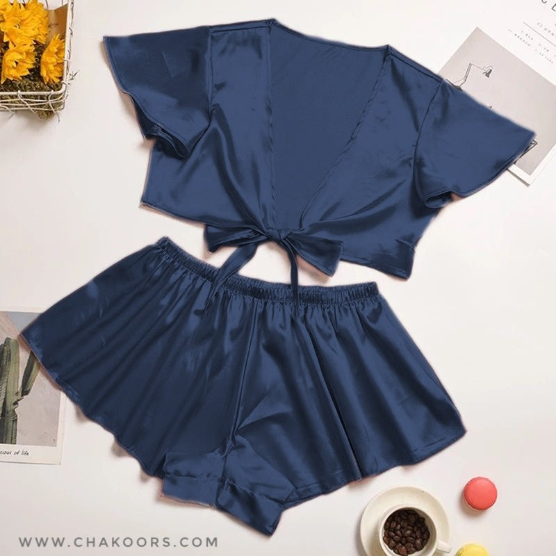 Chakoor silk imitation front knot shirt with elastic boxer sleepwear set CHK # p39