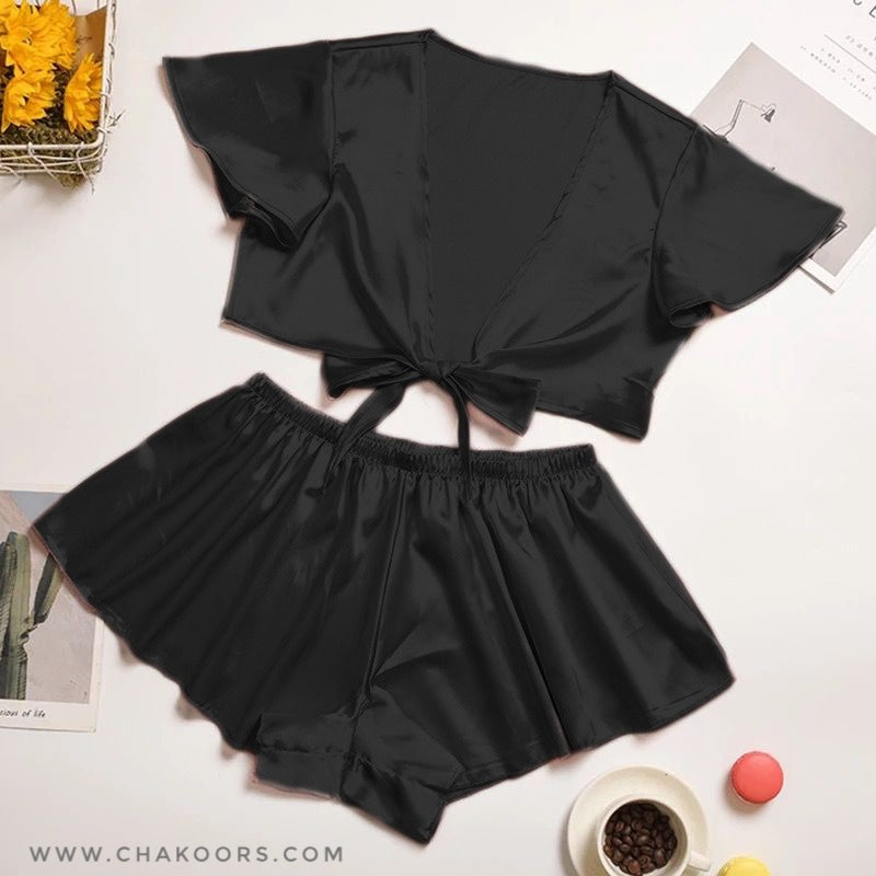 Chakoor silk imitation front knot shirt with elastic boxer sleepwear set CHK # p39