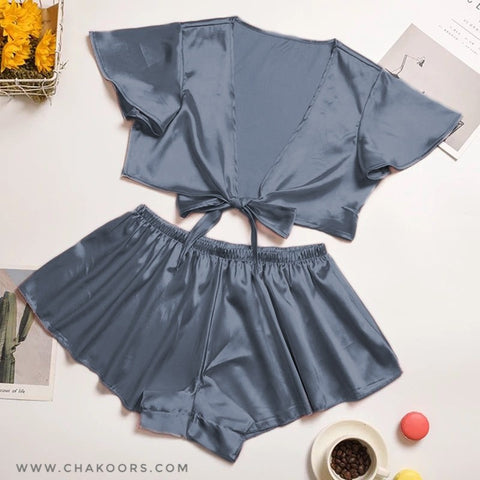 Chakoor silk imitation front knot shirt with elastic boxer sleepwear set CHK # p39