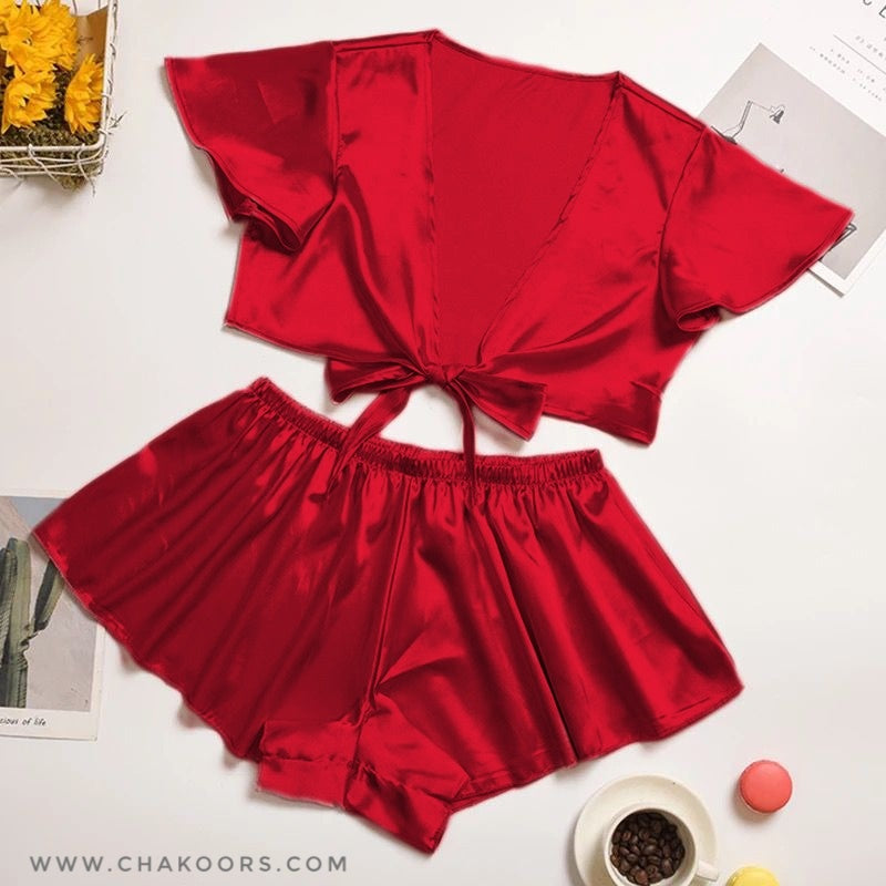 Chakoor silk imitation front knot shirt with elastic boxer sleepwear set CHK # p39