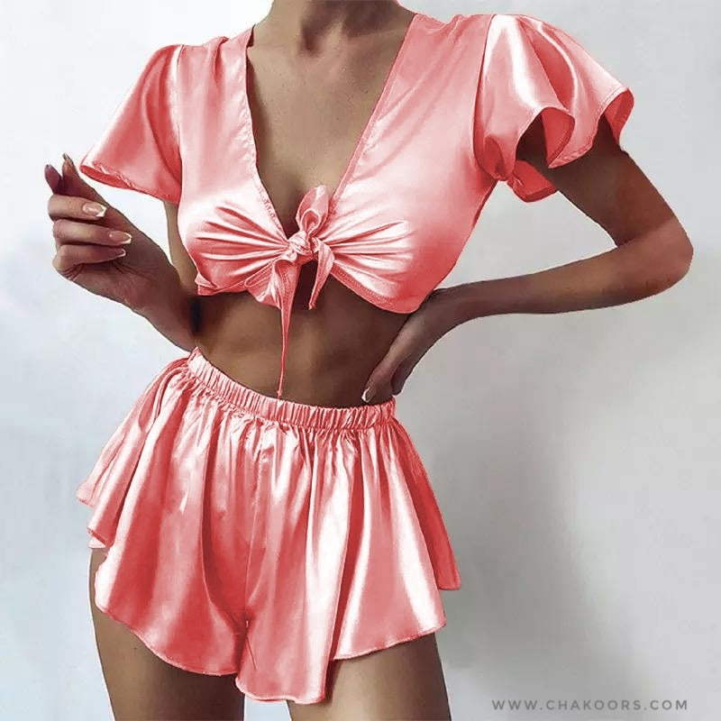 Chakoor silk imitation front knot shirt with elastic boxer sleepwear set CHK # p39