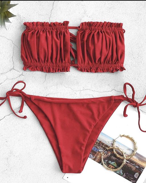 Chakoor Bikini Set Ruffle Strapless Tie Side Bikini Women Swimwear Sexy High Cut Strapless Low Waisted Bikini CH # 314