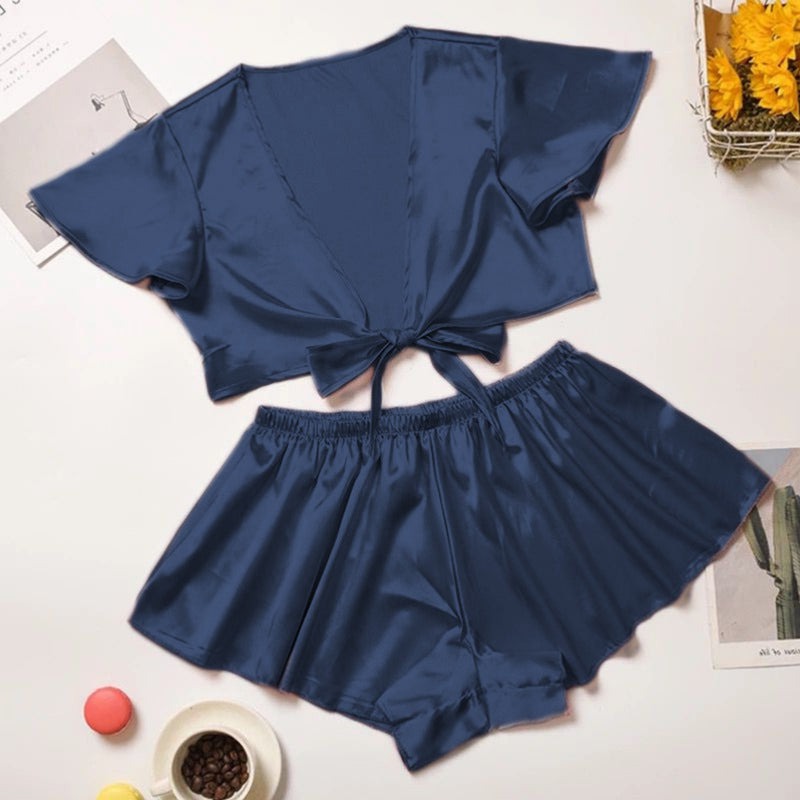 Chakoor silk imitation front knot shirt with elastic boxer sleepwear set CHK # p39